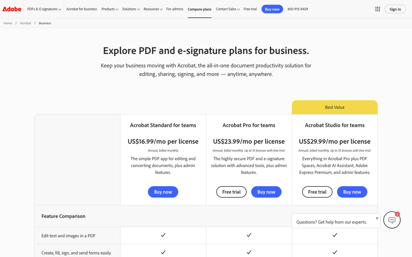 Adobe Acrobat business pricing plans