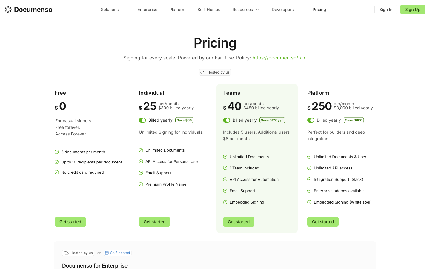Documenso pricing page showing Free, Individual, Teams, and Platform plans