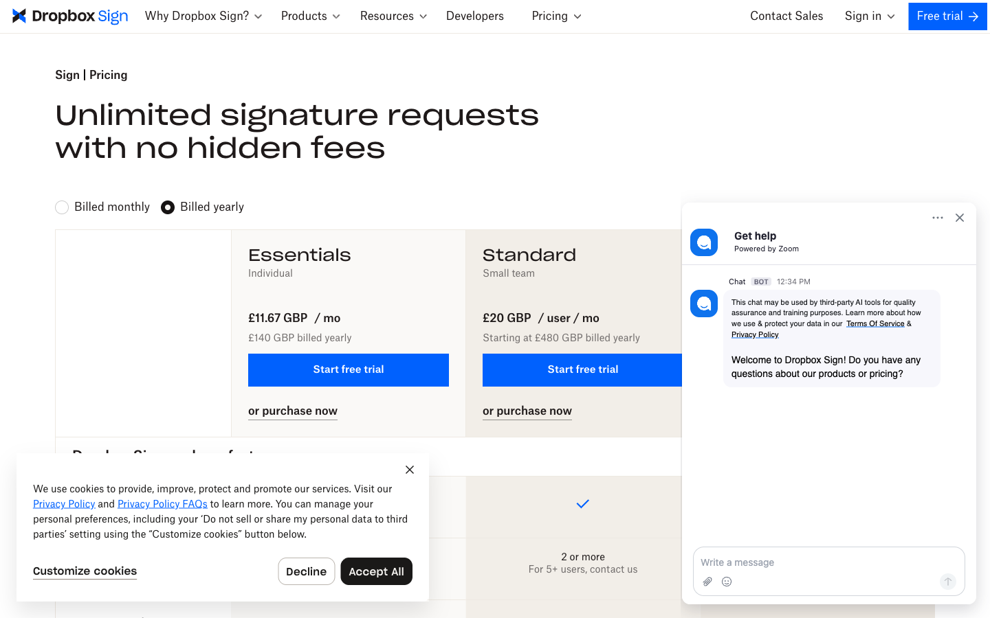 Dropbox Sign pricing page