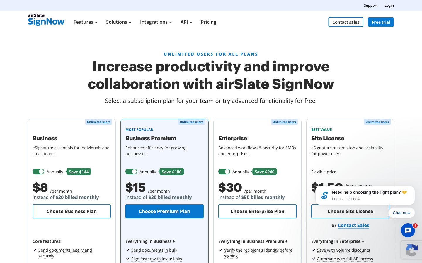 SignNow pricing page