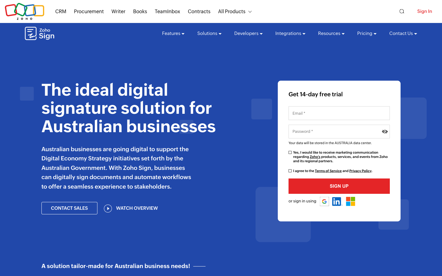Zoho Sign homepage